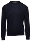 LANEUS BLUE CREWNECK SWEATER WITH RIBBED TRIM IN WOOL AND SILK