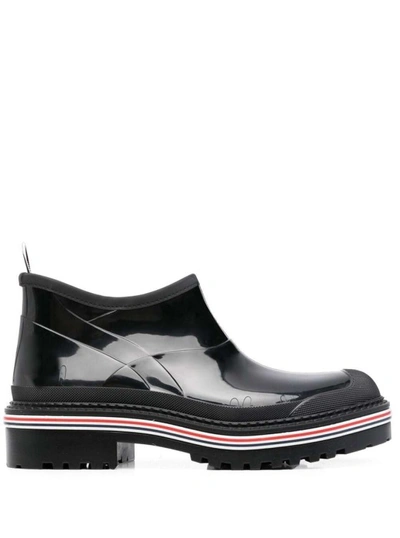 THOM BROWNE STRIPE-TRIM ANKLE BOOTS IN BLACK RUBBER