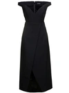 SOLACE LONDON BLACK MIDI DRESS WITH FLARED SKIRT AND ASYMMETRIC VENT IN POLYESTER