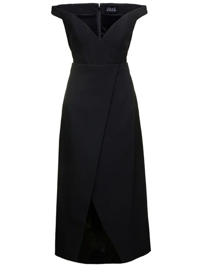 SOLACE LONDON BLACK MIDI DRESS WITH FLARED SKIRT AND ASYMMETRIC VENT IN POLYESTER