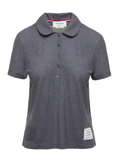 THOM BROWNE GREY POLO SHIRT WITH PETER-PAN COLLAR AND LOGO PATCH IN COTTON