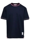 THOM BROWNE BLUE CREWNECK T-SHIRT WITH STRIPED TRIM IN COTTON