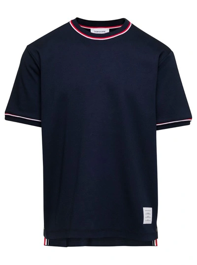 THOM BROWNE BLUE CREWNECK T-SHIRT WITH STRIPED TRIM IN COTTON