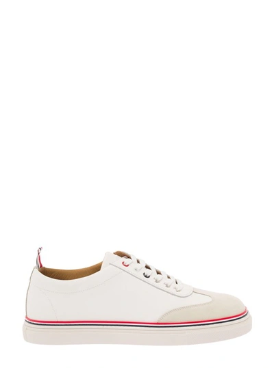 THOM BROWNE WHITE LOW TOP SNEAKERS WITH SUEDE AND TRICOLOR DETAIL IN LEATHER