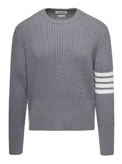 THOM BROWNE CABLE-KNIT JUMPER WITH SIGNATURE 4 BAR DETAILING IN GREY COTTON