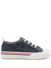 THOM BROWNE BLUE LOW TOP SNEAKERS WITH TRICOLOR DETAIL IN CORDUROY