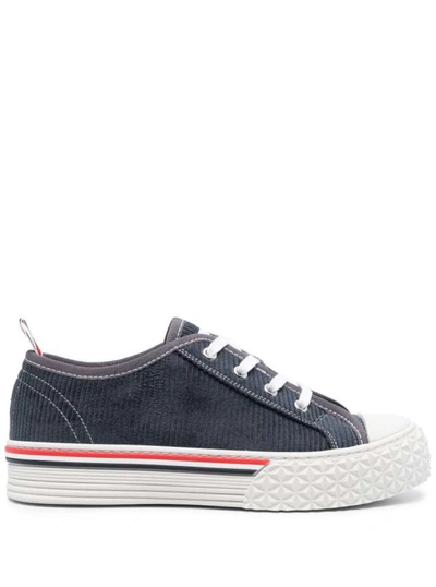 THOM BROWNE BLUE LOW TOP SNEAKERS WITH TRICOLOR DETAIL IN CORDUROY