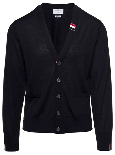 THOM BROWNE OVERISZE BLACK CARDIGAN WITH TRICOLOR BAND IN WOOL BLEND