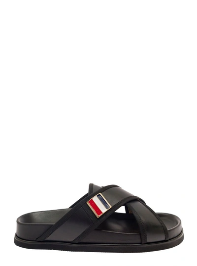 THOM BROWNE CRISS CROSS STRAP SANDALS WITH LOGO IN BLACK LEATHER