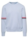 THOM BROWNE LIGHT BLUE CREWNECK SWEATER WITH TRICOLOR BAND DETAIL ON SLEEVES IN COTTON