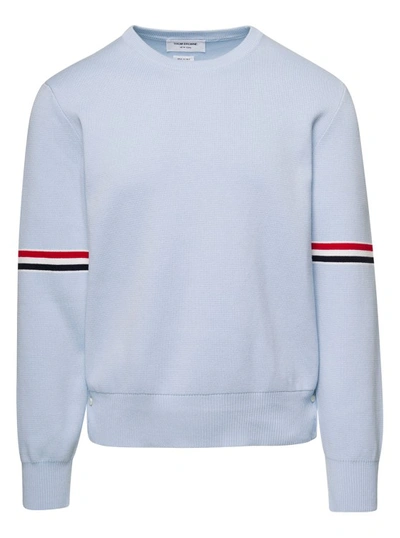 THOM BROWNE LIGHT BLUE CREWNECK SWEATER WITH TRICOLOR BAND DETAIL ON SLEEVES IN COTTON
