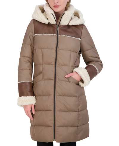 Tahari Women's Faux-shearling-trim Hooded Puffer Coat In Taupe,cream