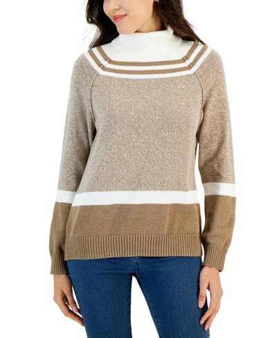 Karen Scott Amelia Cotton Colorblocked Turtleneck Sweater, Created For Macy's In White Chestnut