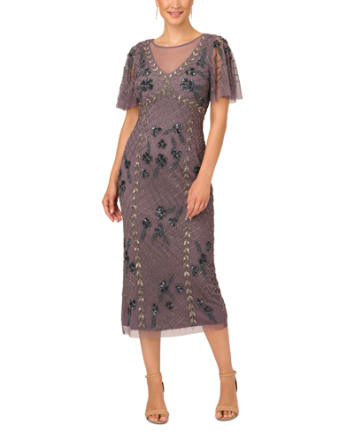 Adrianna Papell Petite Beaded Flutter-sleeve Column Gown In Moonscape