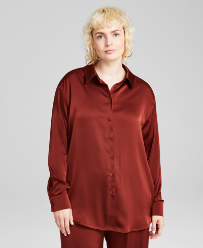 And Now This Women's Oversized Satin Collared Long-sleeve Shirt In Sonoma Brick
