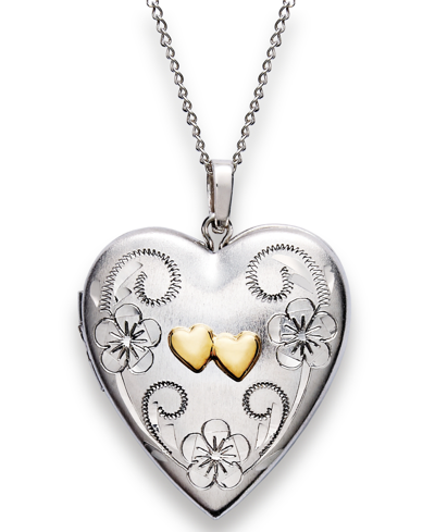 Macy's Sterling Silver And 14k Gold Necklace, Heart Locket Pendant 18"