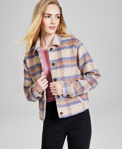 And Now This Women's Plaid Button-front Shacket, Created For Macy's In Dusty Periwinkle