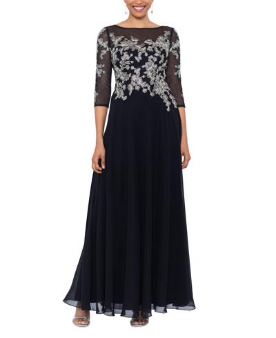 Betsy & Adam Women's Floral-embroidered 3/4-sleeve Gown In Black,gold