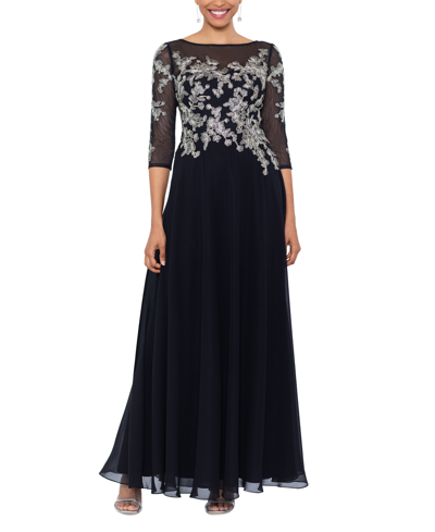 Betsy & Adam Womens Embroidered Long Evening Dress In Black