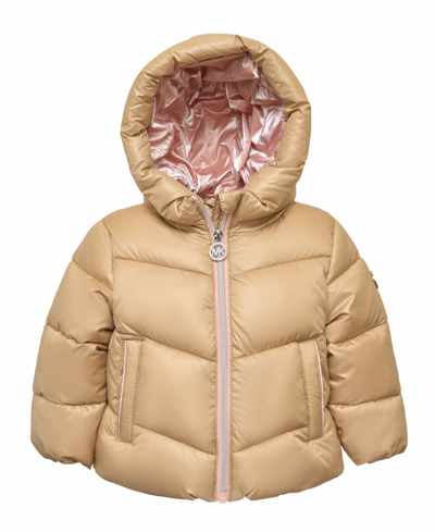 Michael Kors Baby Girls Metallic Lined Hood Puffer Jacket In Khaki