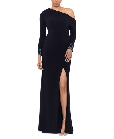 Betsy & Adam Women's Off-one-shoulder Beaded-cuff Gown In Black,silver