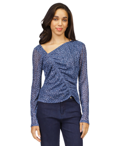 Michael Kors Michael  Women's Printed Ruched Top In Blueberry