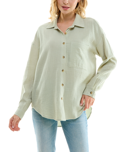 No Comment Juniors' Cotton Button-front Shirt In Desert Sage