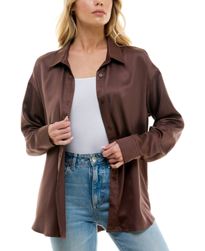 Ultra Flirt Juniors' Button-front Satin Long-sleeve Shirt In French Roast