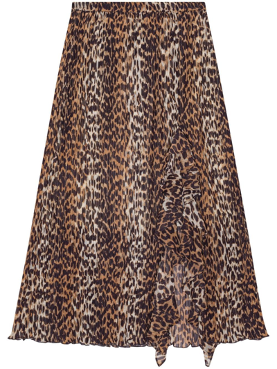 Ganni Leopard Pleated Georgette Midi Flounce Skirt In Animalier