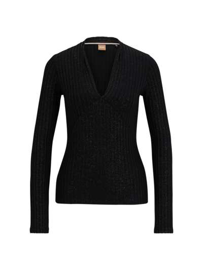 Hugo Boss Slim-fit Top In Ribbed Jersey With Glitter Print In Black