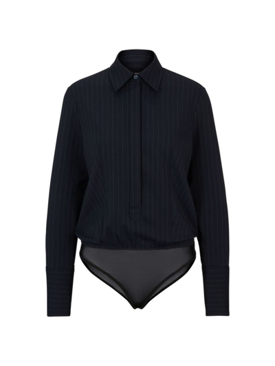 Hugo Boss Pinstriped Bodysuit With Shirt Styling In Dark Blue