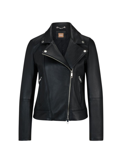Hugo Boss Regular-fit Leather Jacket With Asymmetric Zip In Black