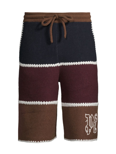 Palm Angels Embroidered-monogram Knit Shorts In Brown
