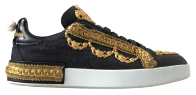 Dolce & Gabbana Black Gold Baroque Portofino Sneakers Shoes In Gold Black