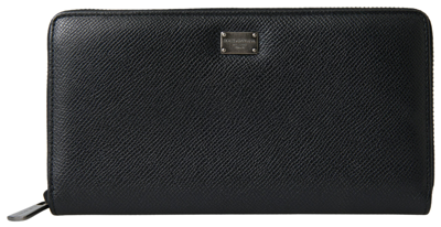 Dolce & Gabbana Black Leather Zip Around Continental Men Wallet