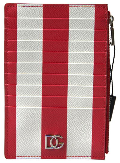 Dolce & Gabbana Red White Leather Dg Logo Zip Card Holder Wallet