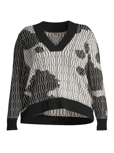 Nic + Zoe, Plus Size Women's Deep Dive Dusk Cotton-blend V-neck Sweater In Black Multi