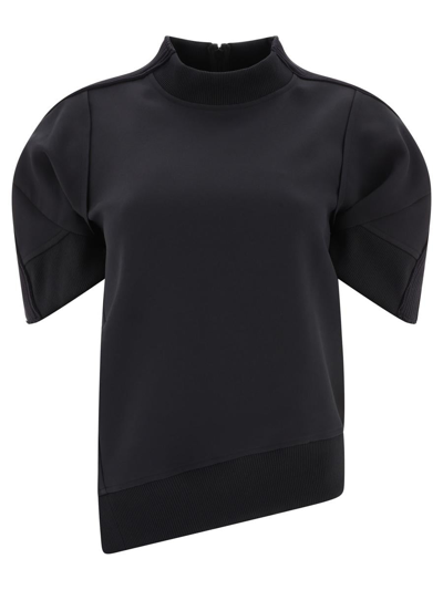 Sacai Satin Puff-sleeve Rib Knit Asymmetric Sweater In Black