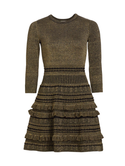 Shoshanna Dari Ruffle-trim Shimmer Knit Mini Dress In Jet Gold