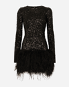 DOLCE & GABBANA SHORT SEQUINED DRESS WITH FEATHER TRIM