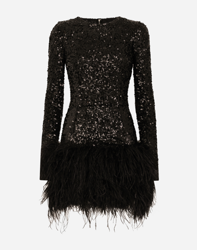 Dolce & Gabbana Feather-trim Sequinned Minidress In Black