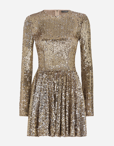Dolce & Gabbana Sequin-embellished Pleated Minidress In Gold