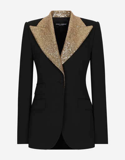 Dolce & Gabbana Single-breasted Wool Turlington Jacket With Sequined Lapels In Black