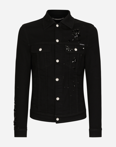 Dolce & Gabbana Stretch Denim Jacket With Rhinestone Embroidery In Black
