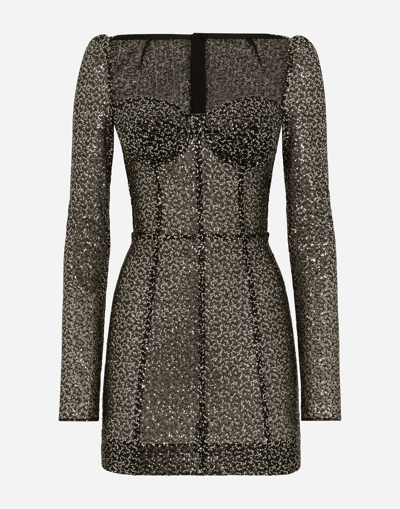 Dolce & Gabbana Long-sleeved Sequined Corset Dress In Black