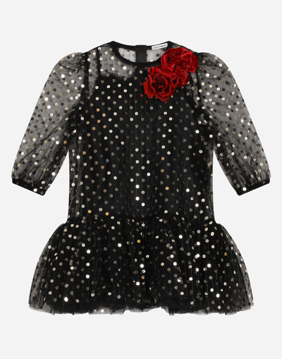 Dolce & Gabbana Babies' Embroidered Tulle Dress With Sequins In Black