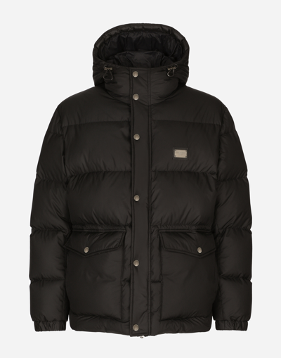 Dolce & Gabbana Nylon Down Jacket With Hood And Branded Tag In Black