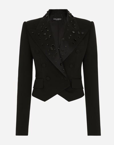 Dolce & Gabbana Cropped Wool Jacket With Rhinestone Details In Multicolor