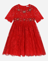Dolce & Gabbana Chantilly Lace Dress With Gemstones In Red
