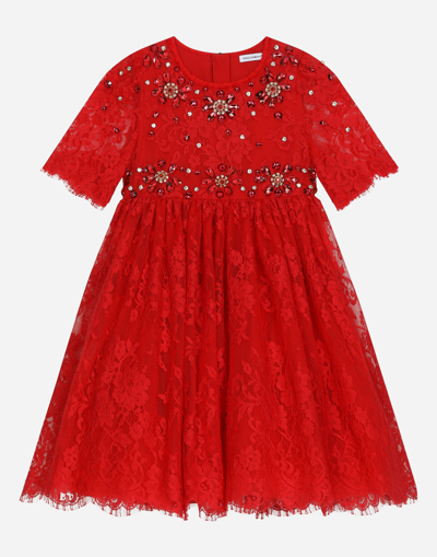Dolce & Gabbana Babies' Chantilly Lace Dress With Gemstones In Red